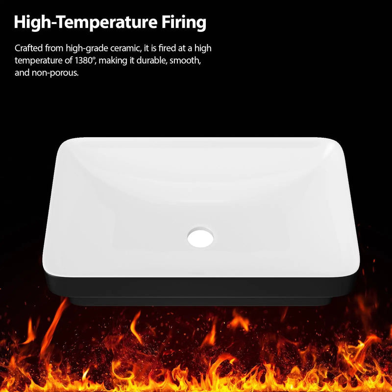 Semi Recessed Bathroom Sink With Vessel Design, Durable Glazed - White / Black by HouseOfZazla