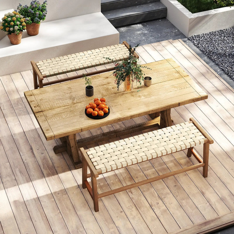 47 Inches Long Teak Wood Patio Bench with Weave Seat and Solid Wood Legs-Natural by DirectDeals