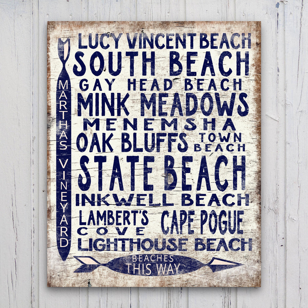 Martha's Vineyard Beaches Sign - Vintage Wood Look Vineyard Arrow Sign