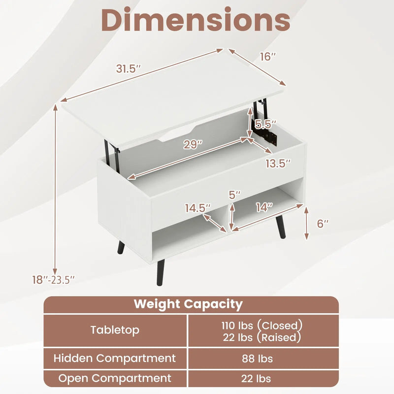 31.5 Inch Lift-Top Coffee Table with Hidden Storage and 2 Open Shelves by DirectDeals