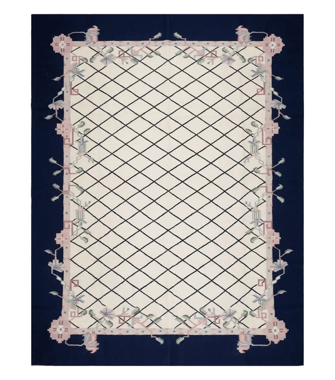 Vintage Dhurrie Rug, Indian Dhurrie 8x11 - 9x11, Wool Hand-Woven Ivory & Black Indo Carpet, Large Flat Weave Rug Living Room Rug Black White by Jewel Rugs