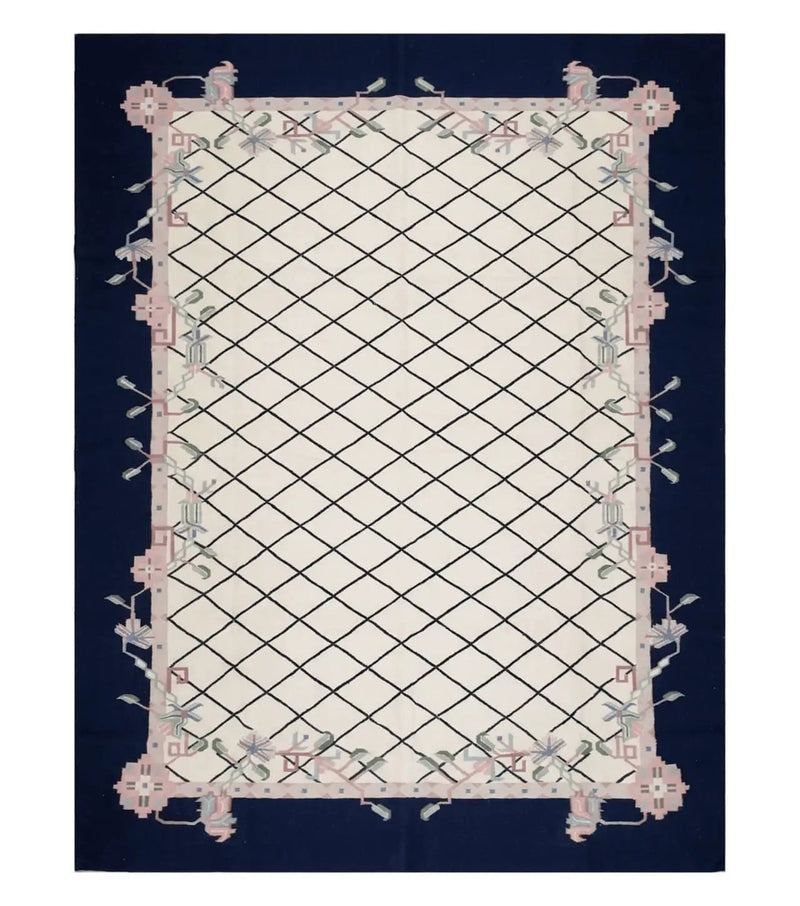 Vintage Dhurrie Rug, Indian Dhurrie 8x11 - 9x11, Wool Hand-Woven Ivory & Black Indo Carpet, Large Flat Weave Rug Living Room Rug Black White by Jewel Rugs