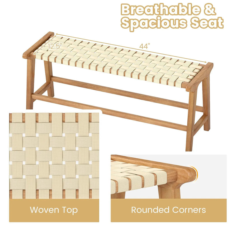 47 Inches Long Teak Wood Patio Bench with Weave Seat and Solid Wood Legs-Natural by DirectDeals