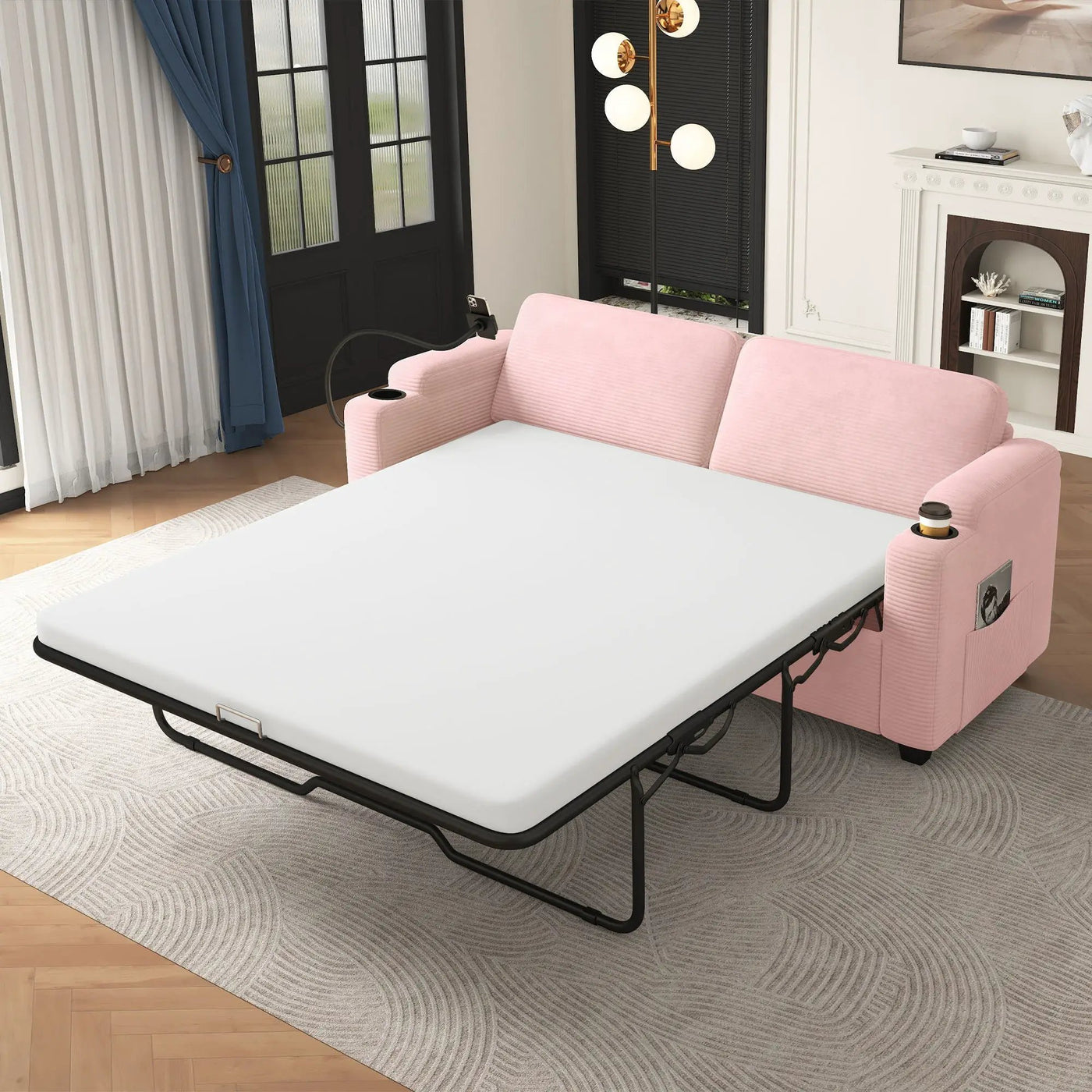 Sleeper Sofa Loveseat Sofa With Full Size Mattress, 2 USB Ports, 2 Cup Holders, 2 Side Pockets And Phone Holder by HouseOfZazla