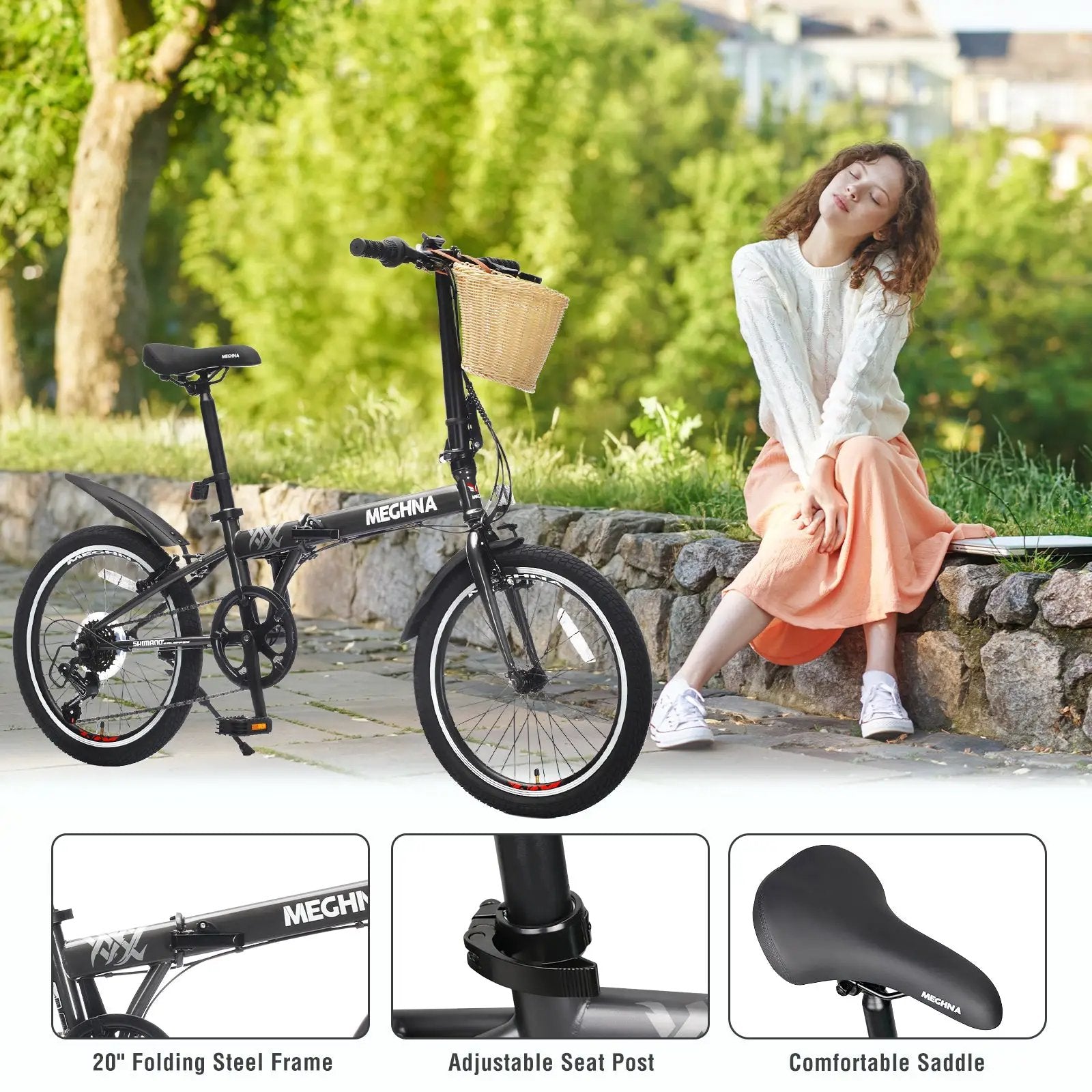20 Inch Folding Bike for Adults with Basket and Phone Holder by HouseOfZazla