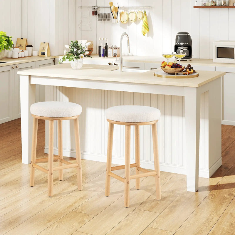 27" Bar Stools Set of 2 Upholstered Barstools with Boucle Fabric Seats-White by DirectDeals