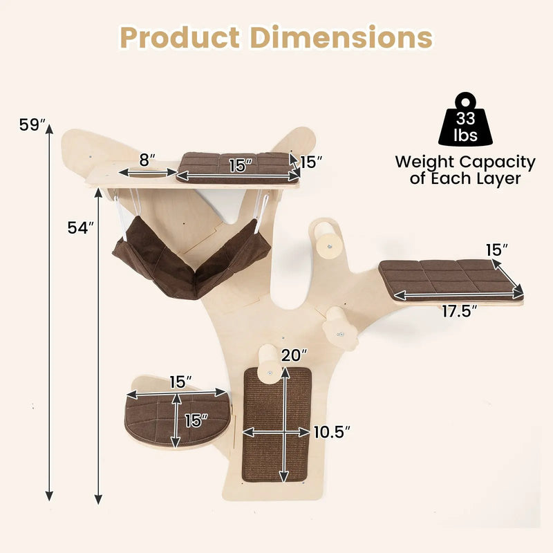 Wall-Mounted Cat Tower Cat Wall Shelves Furniture with Perch-Brown by DirectDeals