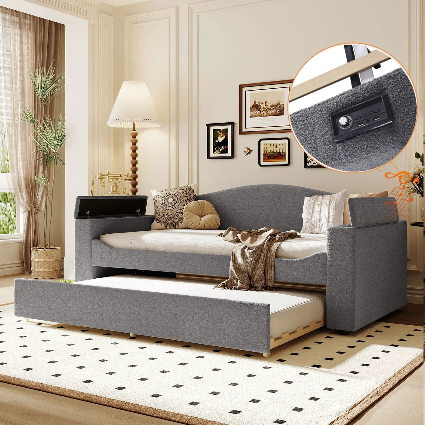 Upholstered Daybed With Storage Armrests, Trundle And Latest Integrated tooth Audio System by HouseOfZazla