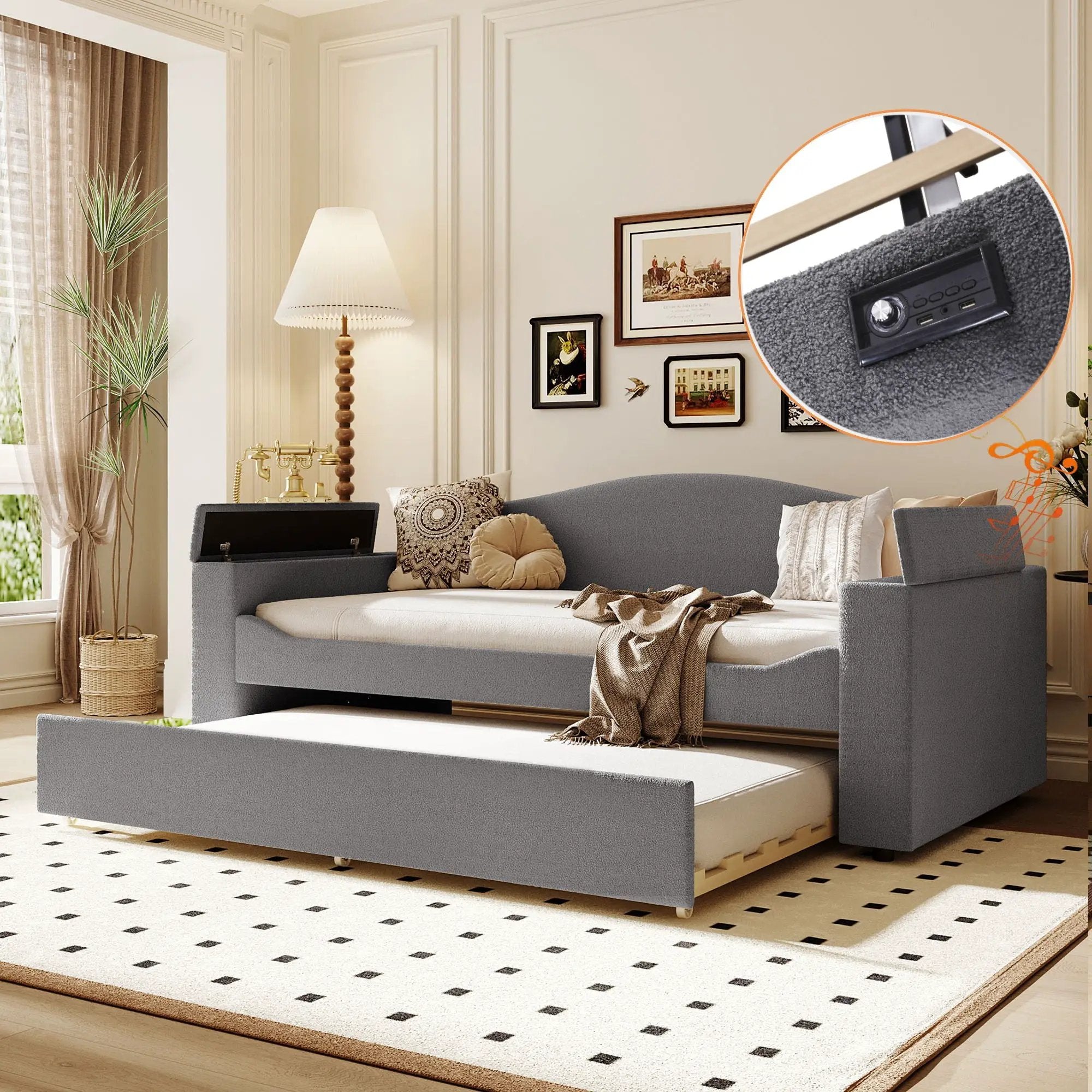 Upholstered Daybed With Storage Armrests, Trundle And Latest Integrated tooth Audio System by Unique Piece Furniture