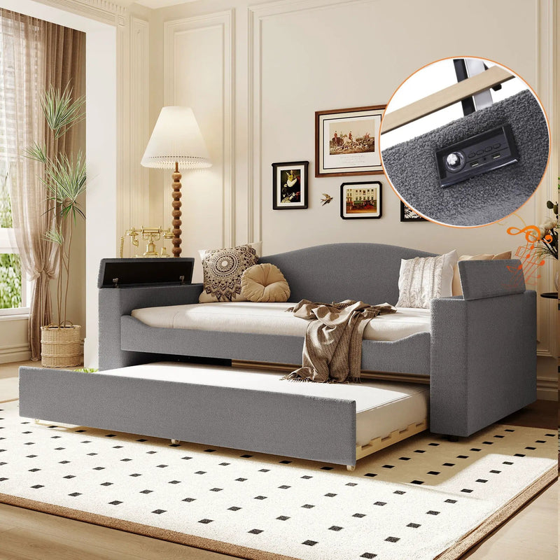 Upholstered Daybed With Storage Armrests, Trundle And Latest Integrated tooth Audio System by HouseOfZazla