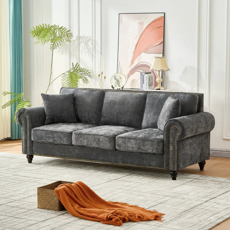 3 Seater Sofa With Tufted Upholstery, Rolled Arms, Nailhead Trim by HouseOfZazla