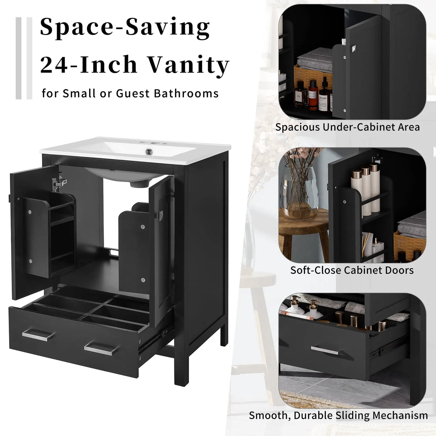 Bathroom Vanity With Integrated Undermount Ceramic Sink, 2 Doors And 1 Drawer, Soft Close Hinges by Unique Piece Furniture