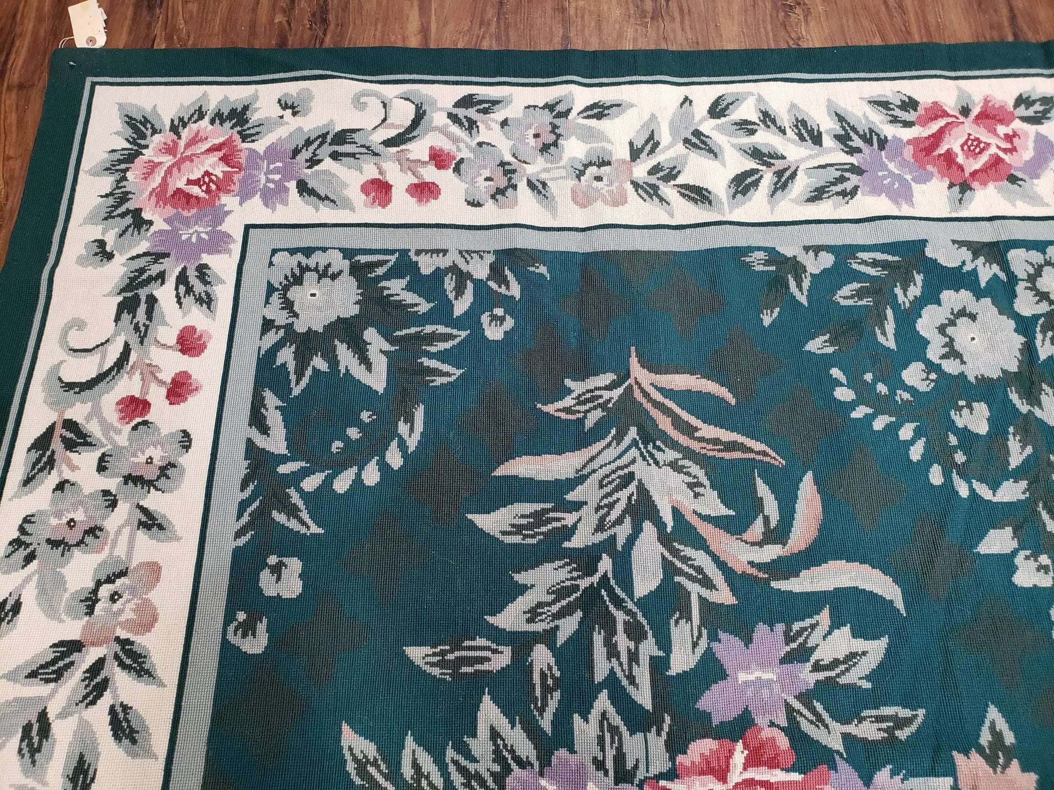 Chinese Needlepoint Rug 8x10, Vintage Green Area Rug, Hand-Woven Flatweave Floral European Design Carpet Wool Handmade 8x 10 Living Room Rug by Jewel Rugs