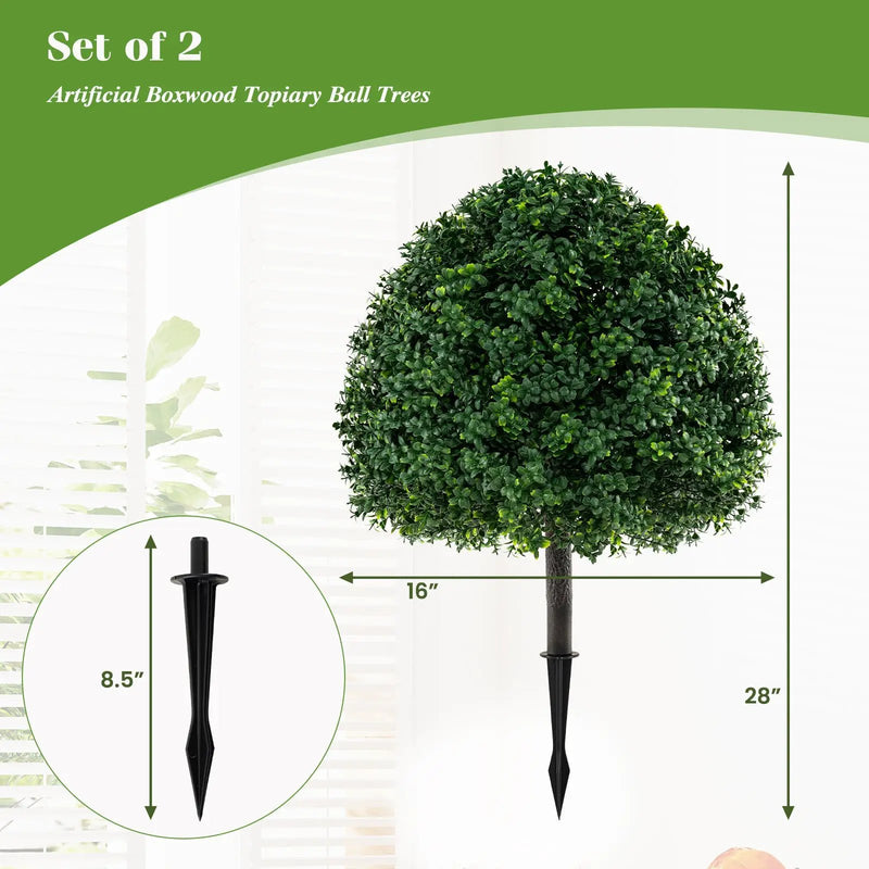 28 Inches Artificial Boxwood Topiary Ball Tree Set of 2 with Ground Spike-Green by DirectDeals