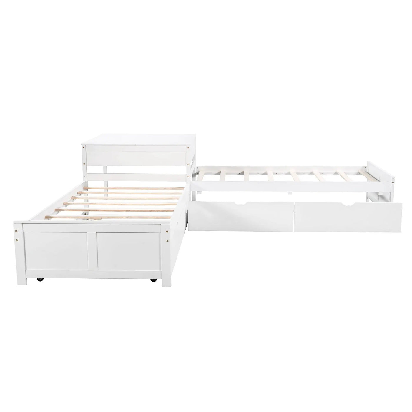 L Shaped Platform Bed With Trundle And Drawers Linked With Built In Desk by HouseOfZazla