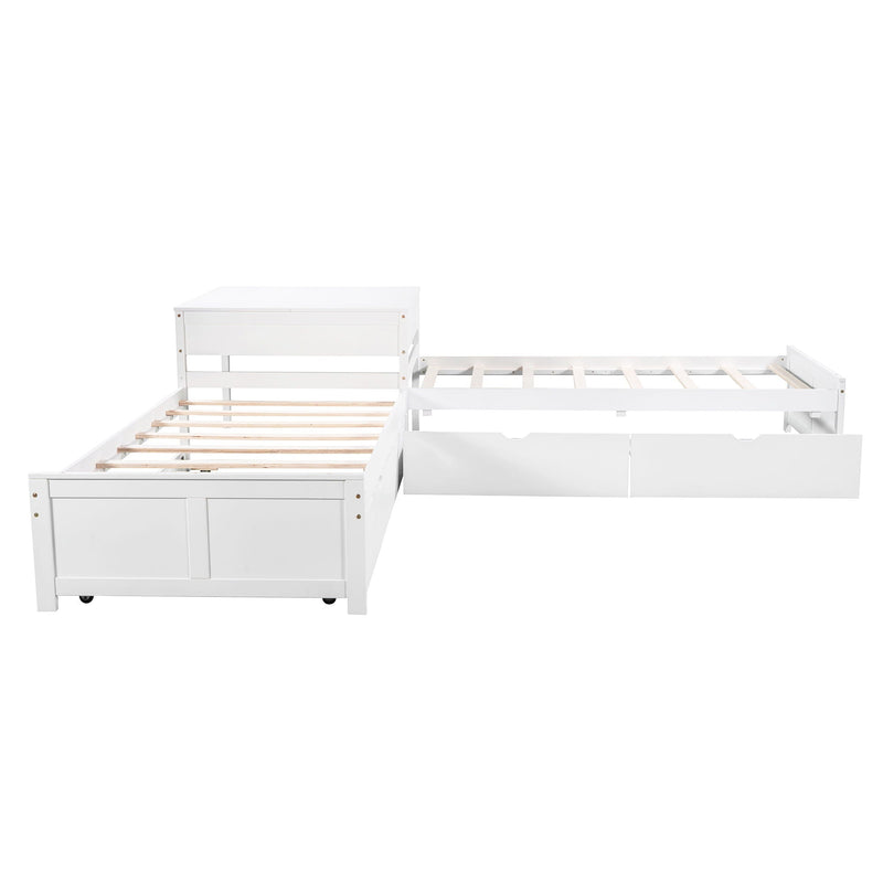 L Shaped Platform Bed With Trundle And Drawers Linked With Built In Desk by HouseOfZazla