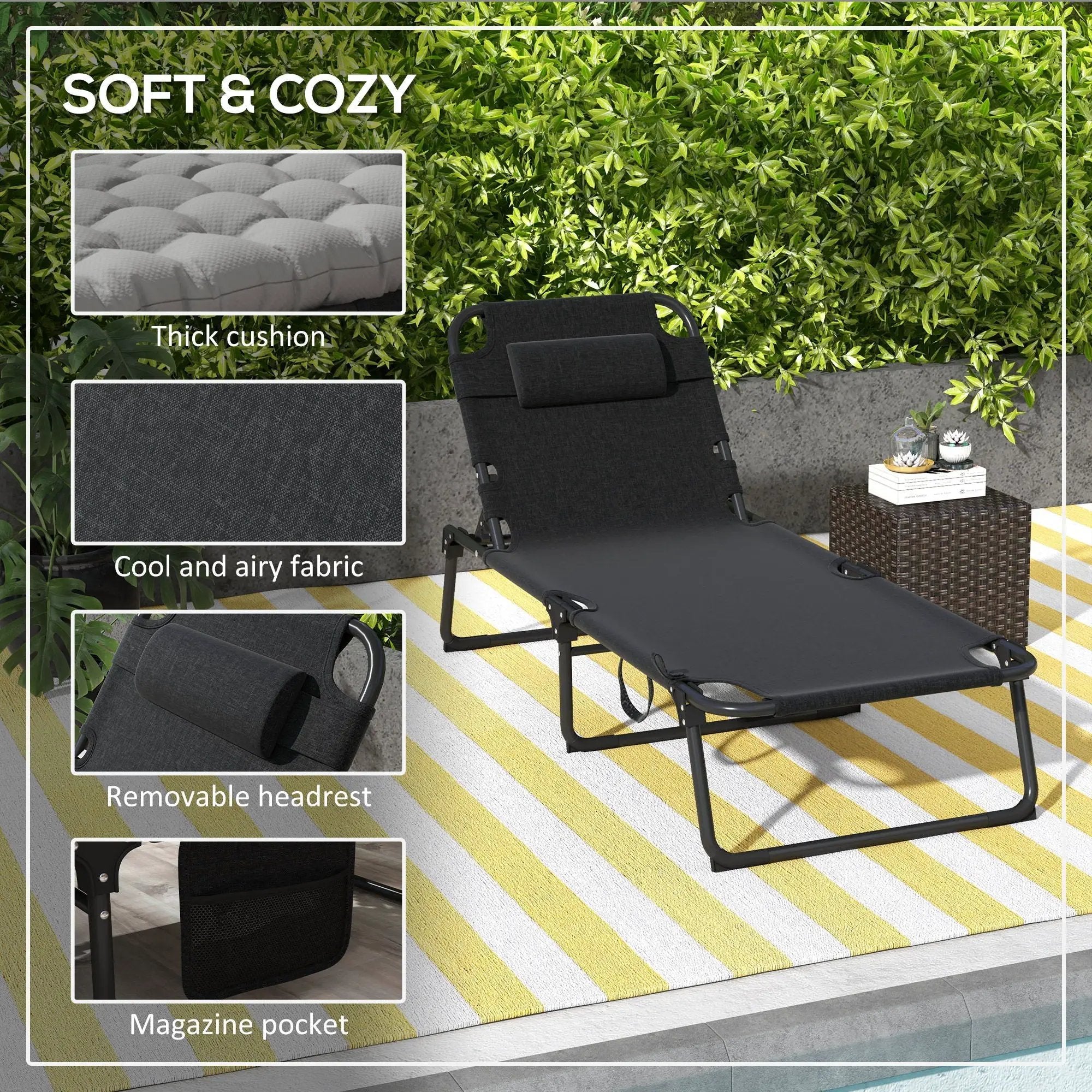 Outsunny - Outdoor Chaise, Adjustable Folding Chaise Lounge With 4-Position Backrest, Magazine Pocket, Removable Head Pillow, Sun Bathing Lounger Chair For Patio, Beach - Gray by Unique Piece Furniture