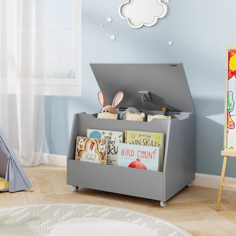 Wooden Mobile Toy Storage Organizer with Bookshelf and Lockable Wheels by DirectDeals