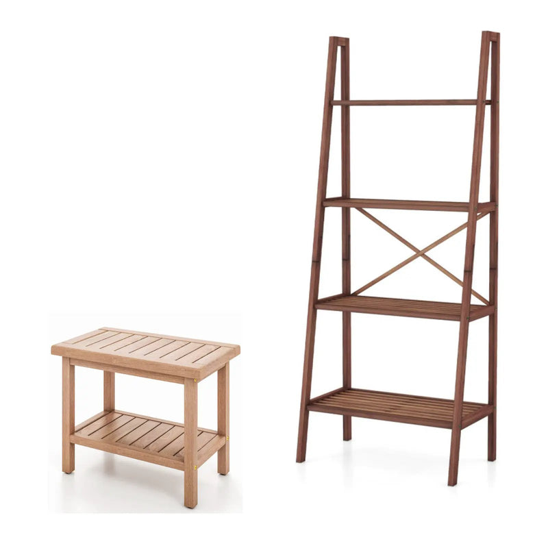 2-Piece Laundry Room Furniture Set: Teak Utility Bench + Bamboo Ladder Shelf by DirectDeals