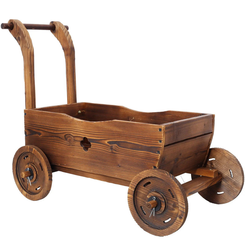 Wooden Wagon Planter Box Mobile Garden Planter With Wheels Handle Drain Hole Wood - Brown by HouseOfZazla