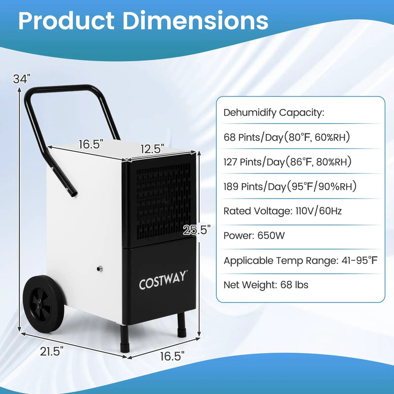 189 Pints Commercial Dehumidifier with Built-in Water Pump-Black by DirectDeals
