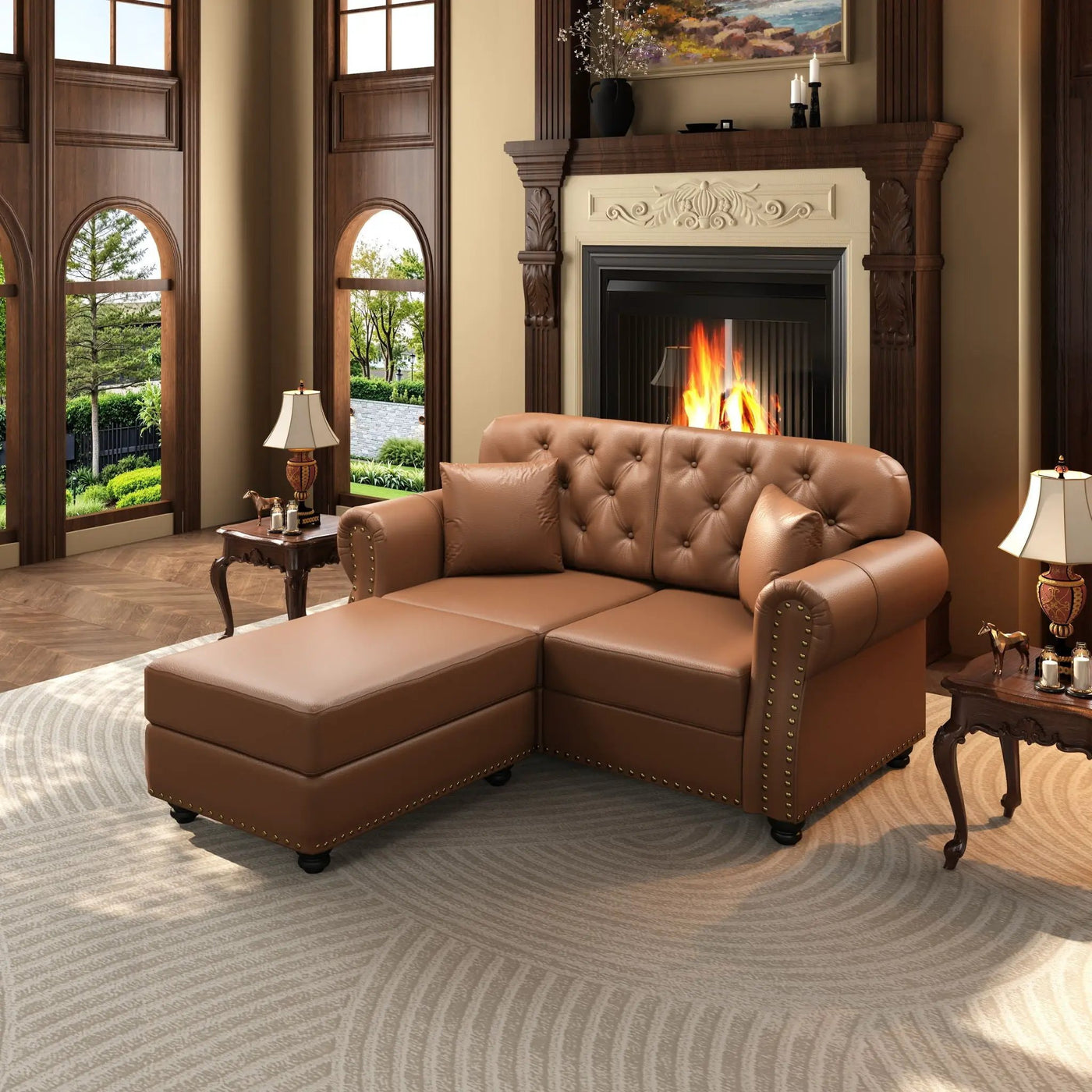 Upholstered Sofa With Nailhead Trim, Rolled Armrests With Ottoman by HouseOfZazla