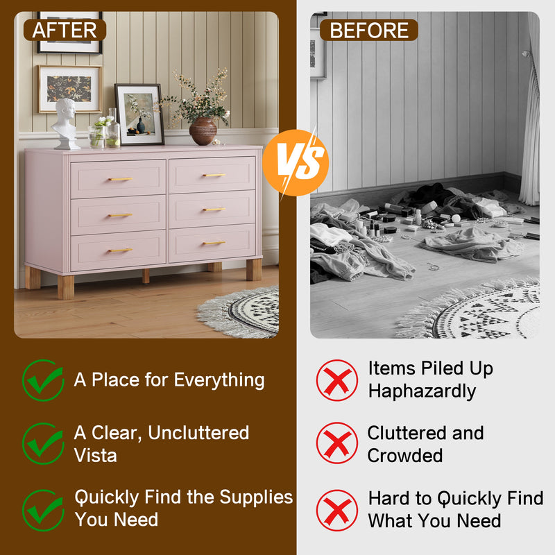 6-Drawer Double Dresser , Modern Storage Cabinet with Metal Handles & Solid Wood Legs, Dresser Drawer Organizer for Kids Bedroom, Heavy-Duty Wooden Dresser with Pre-Installed, photo 6 of 10