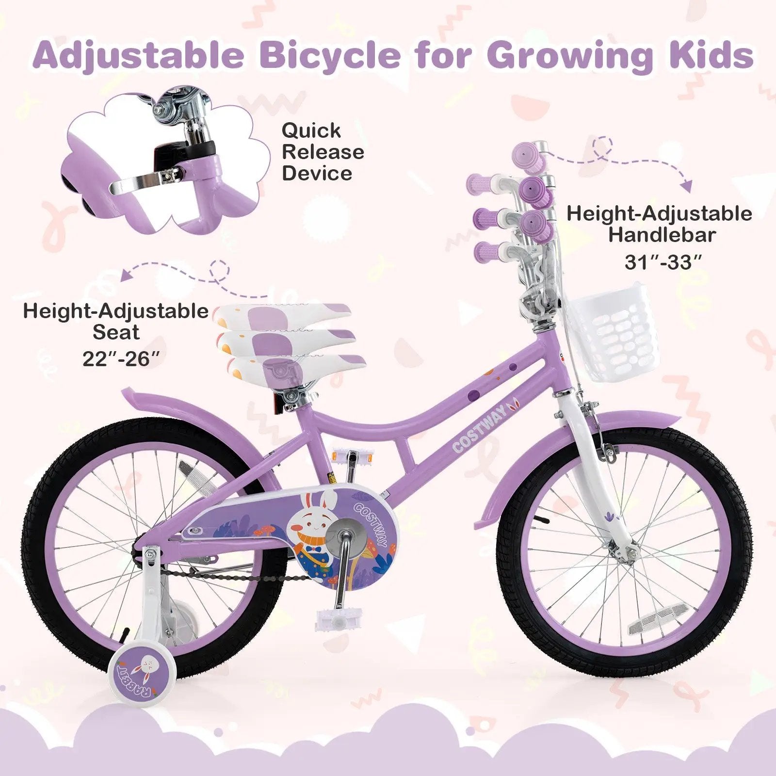 18 Inch Girl Bike with Basket with Detachable Training Wheels for 4-8 Years Old-18 inches by DirectDeals
