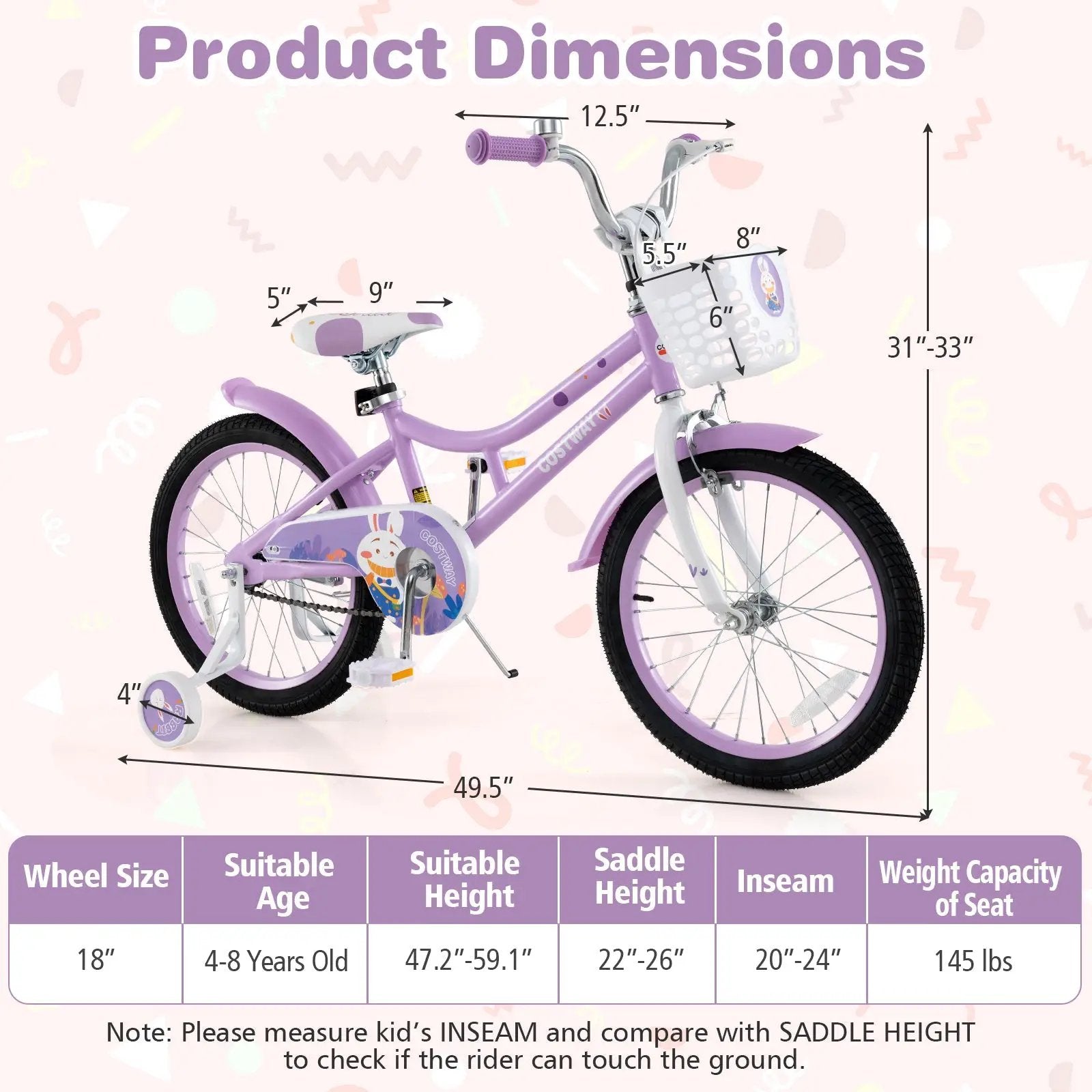 18 Inch Girl Bike with Basket with Detachable Training Wheels for 4-8 Years Old-18 inches by DirectDeals