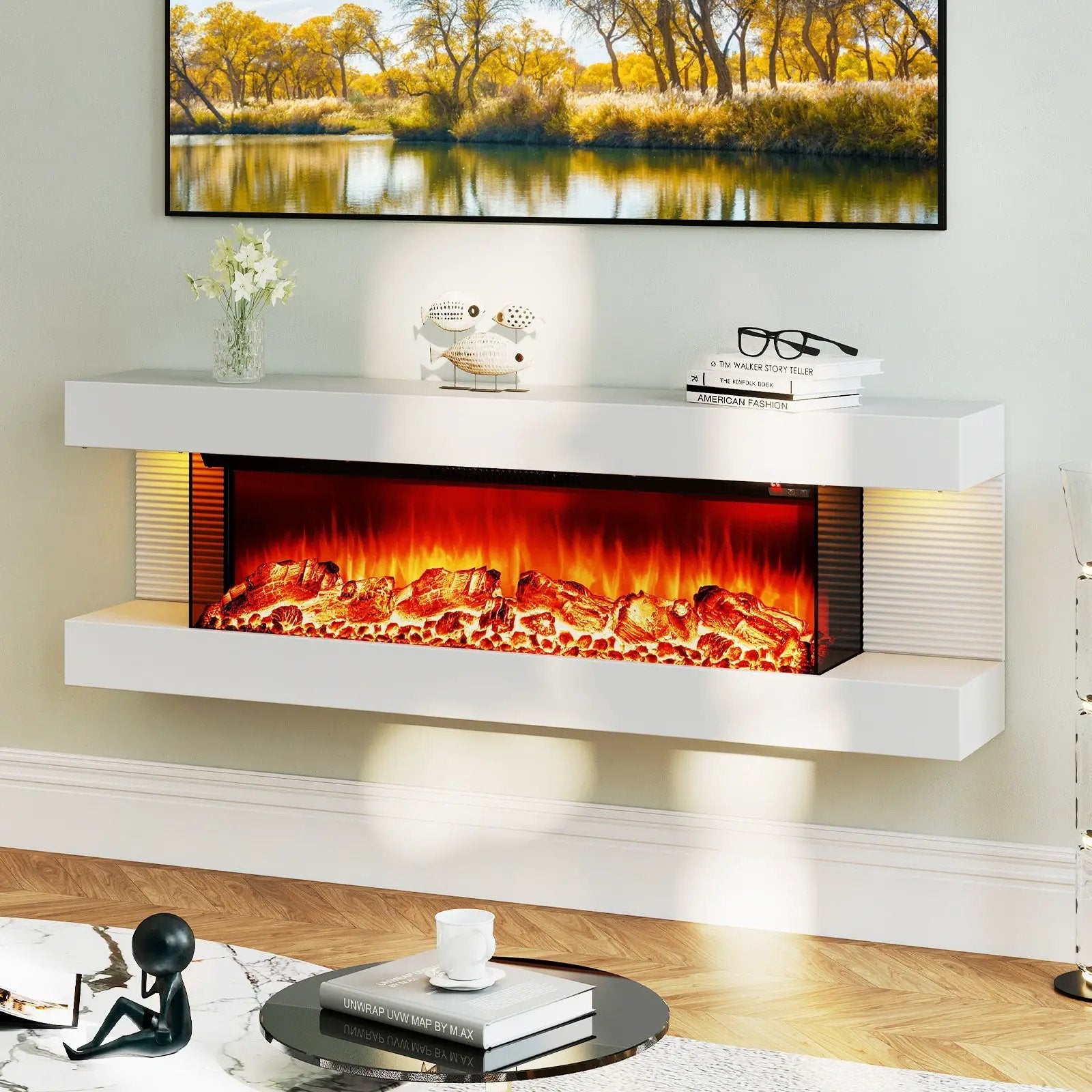18/36 Inch 3-Sided Wall Mounted Electric Fireplace with 32/50 Inch Wide Floating Mantle by DirectDeals
