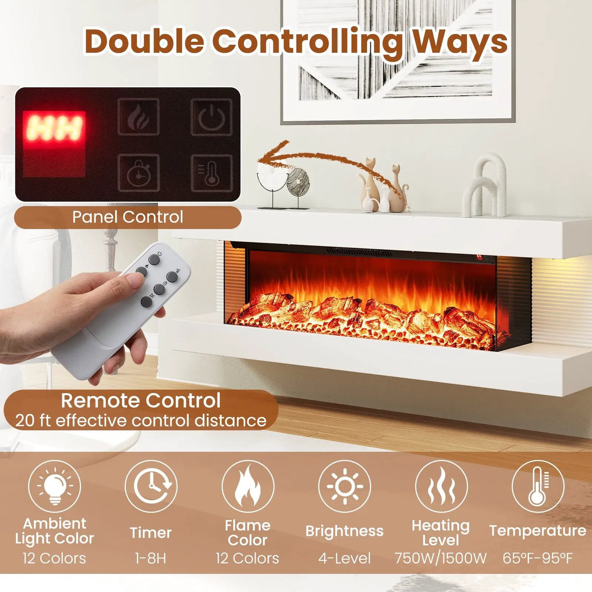18/36 Inch 3-Sided Wall Mounted Electric Fireplace with 32/50 Inch Wide Floating Mantle by DirectDeals