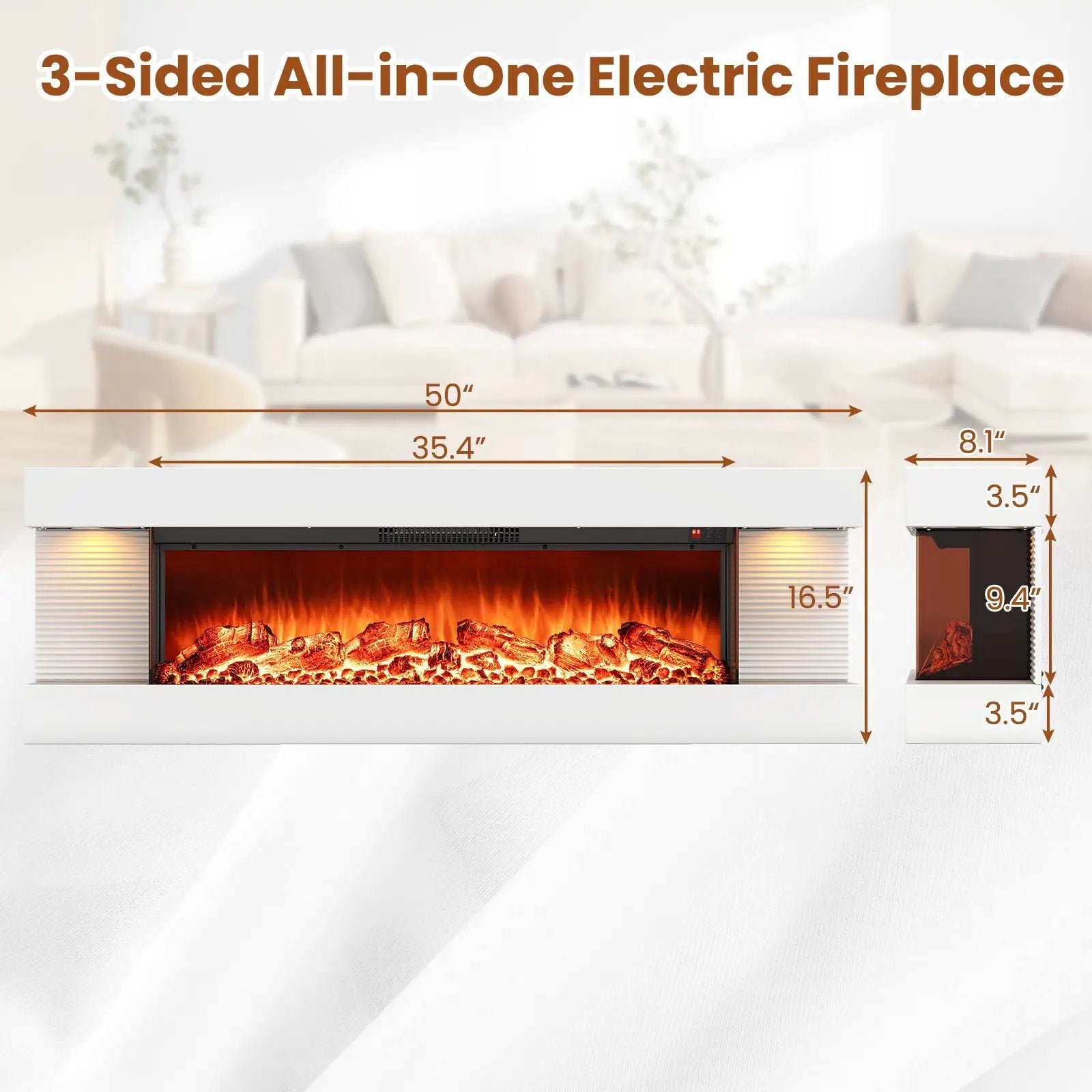 18/36 Inch 3-Sided Wall Mounted Electric Fireplace with 32/50 Inch Wide Floating Mantle by DirectDeals