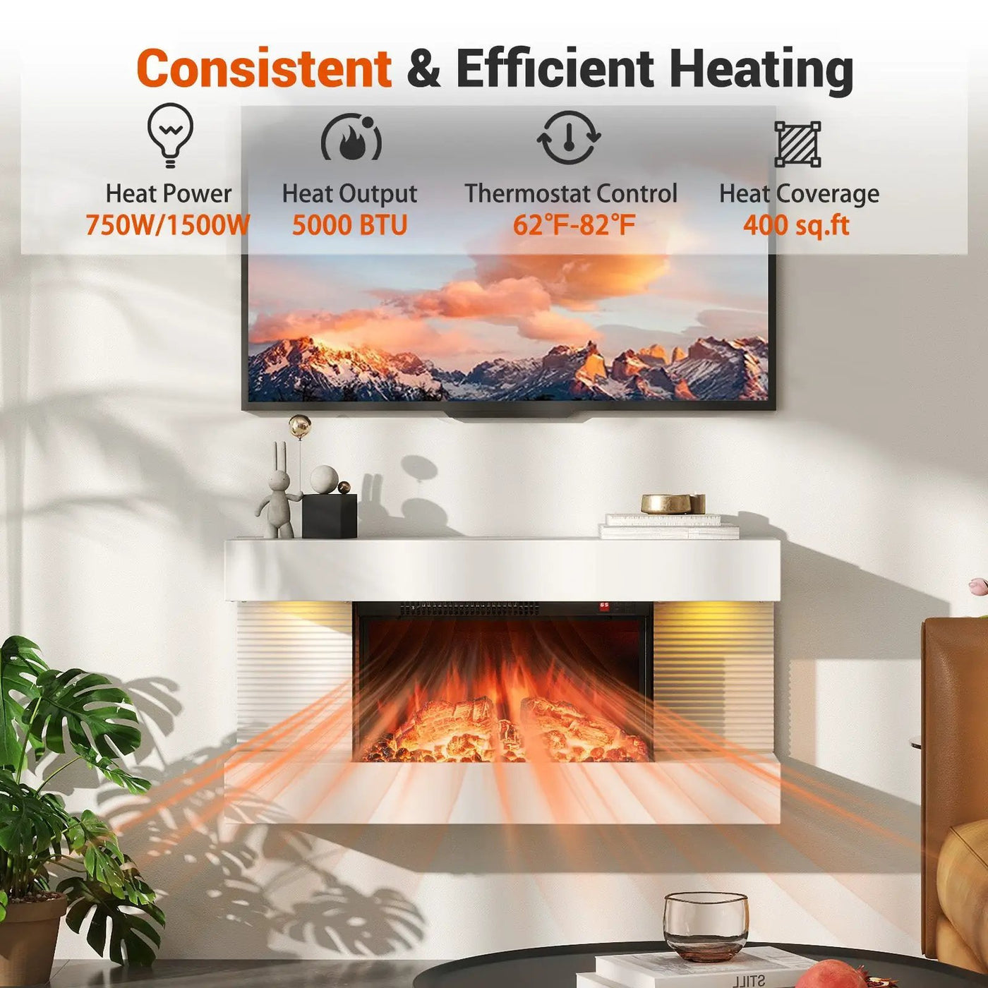 18/36 Inch 3-Sided Wall Mounted Electric Fireplace with 32/50 Inch Wide Floating Mantle by DirectDeals