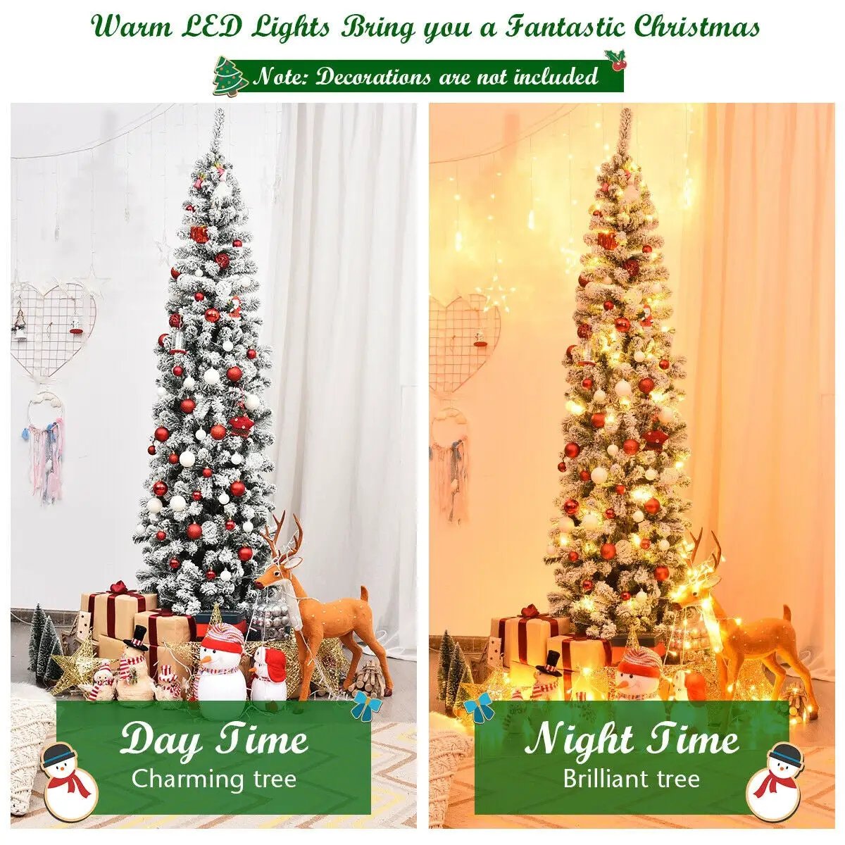 7.5 Feet Pre-lit Snow Flocked Artificial Pencil Christmas Tree with LED Lights by DirectDeals