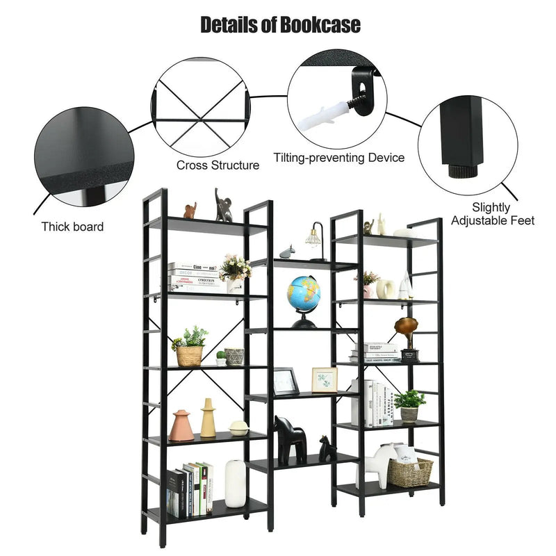 Vintage Triple Wide 5-Tier Bookcase Large Bookshelf Display Storage Shelf by DirectDeals