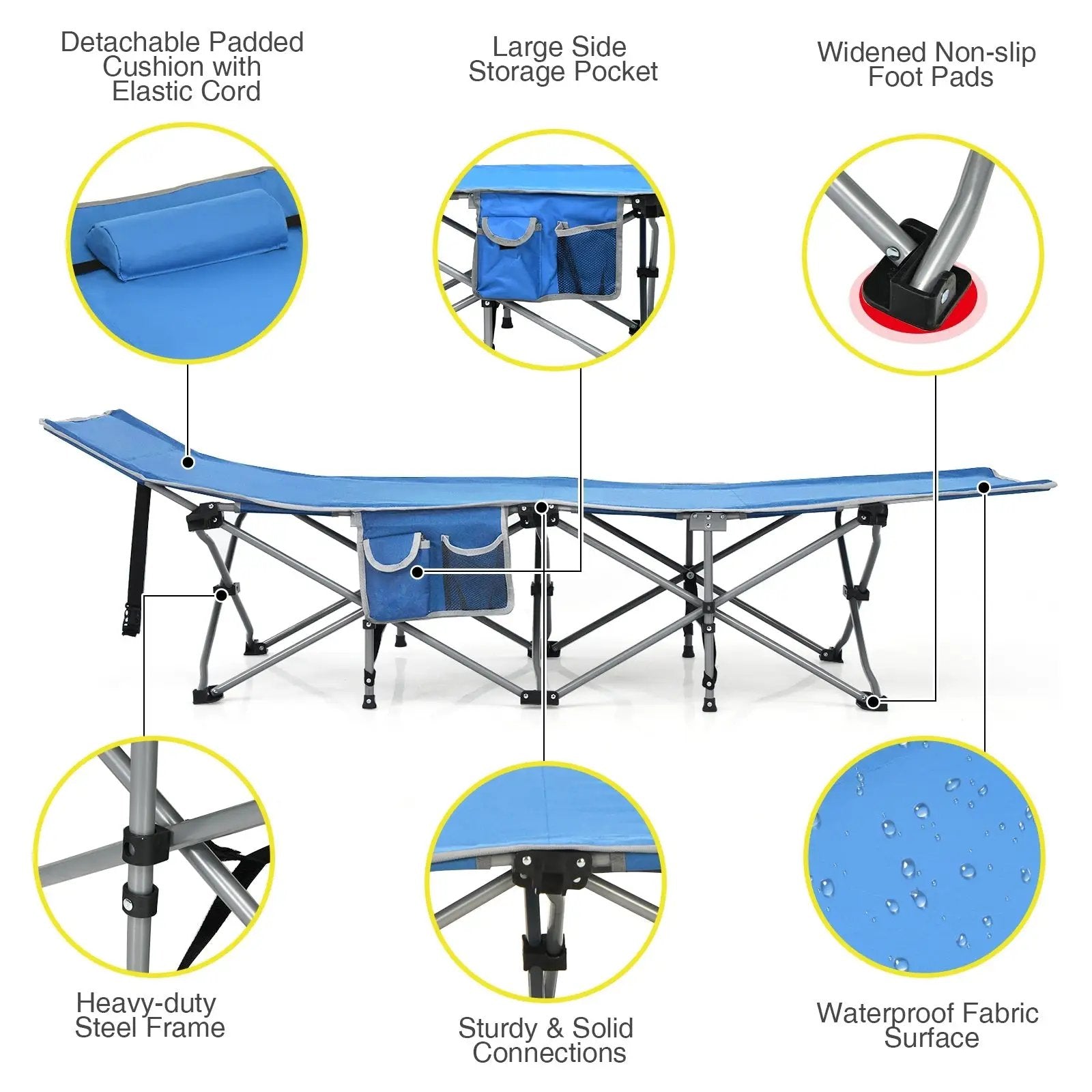 Folding Camping Cot with Side Storage Pocket Detachable Headrest by DirectDeals