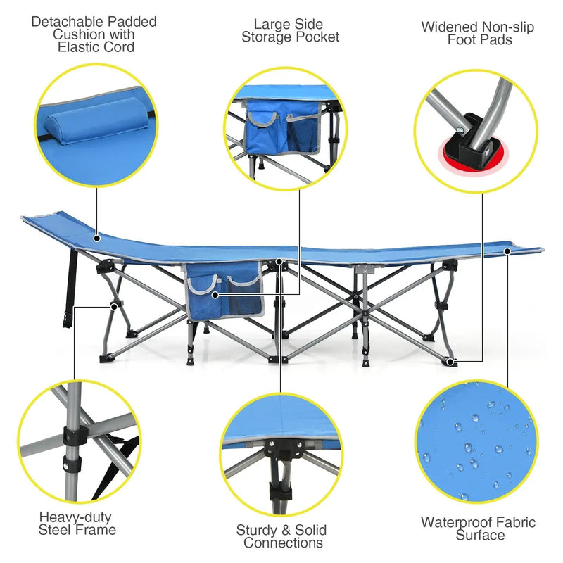 Folding Camping Cot with Side Storage Pocket Detachable Headrest by DirectDeals