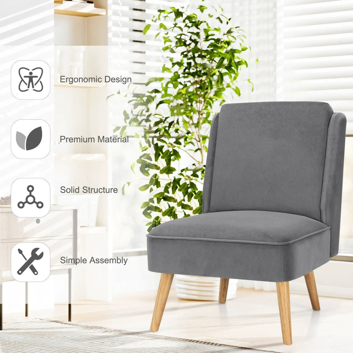 Velvet Accent Armless Side Chair with Rubber Wood Legs for Bedroom by DirectDeals