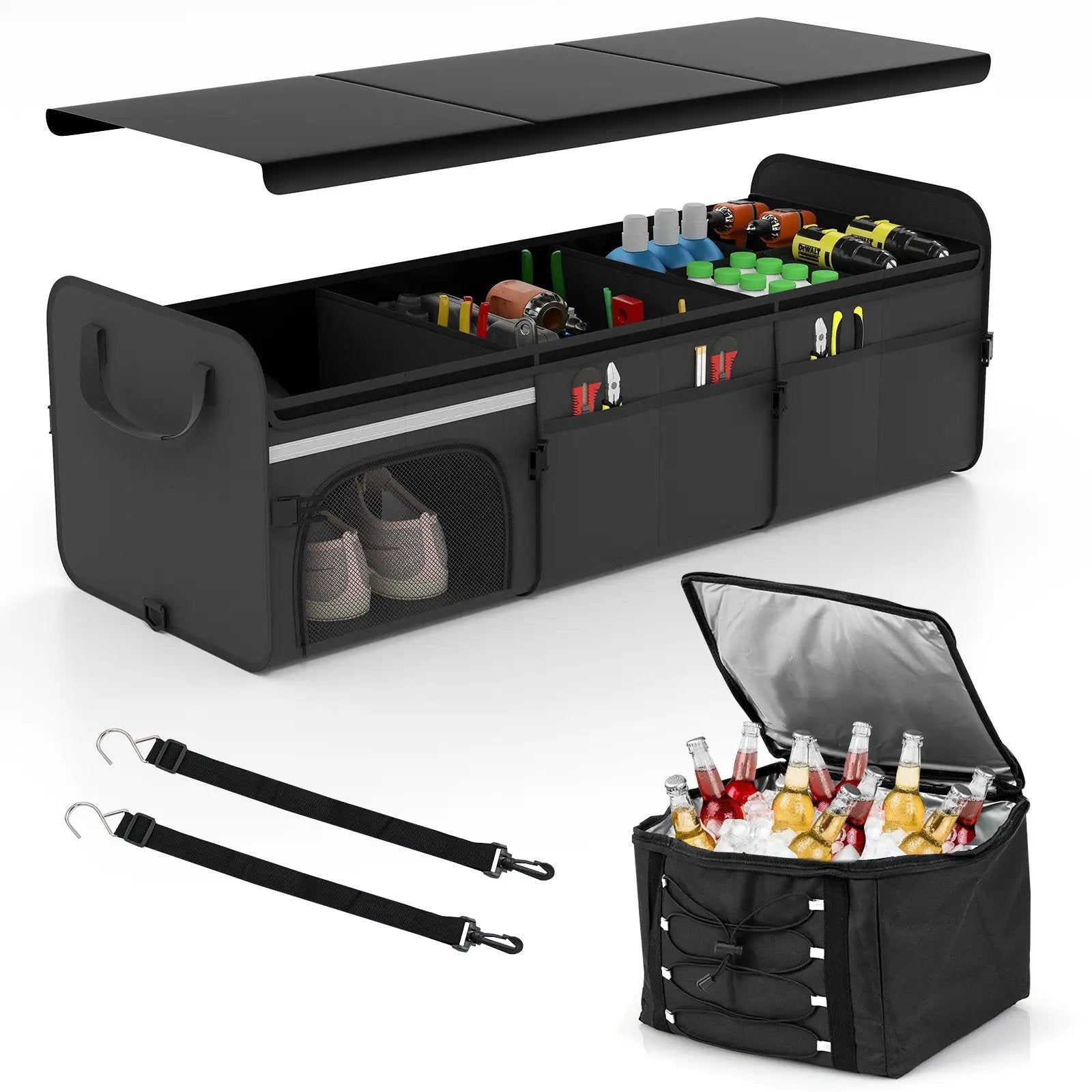 18 Gal Car Trunk Organizer with Lid 3-Compartment Portable Storage Box-Black by DirectDeals