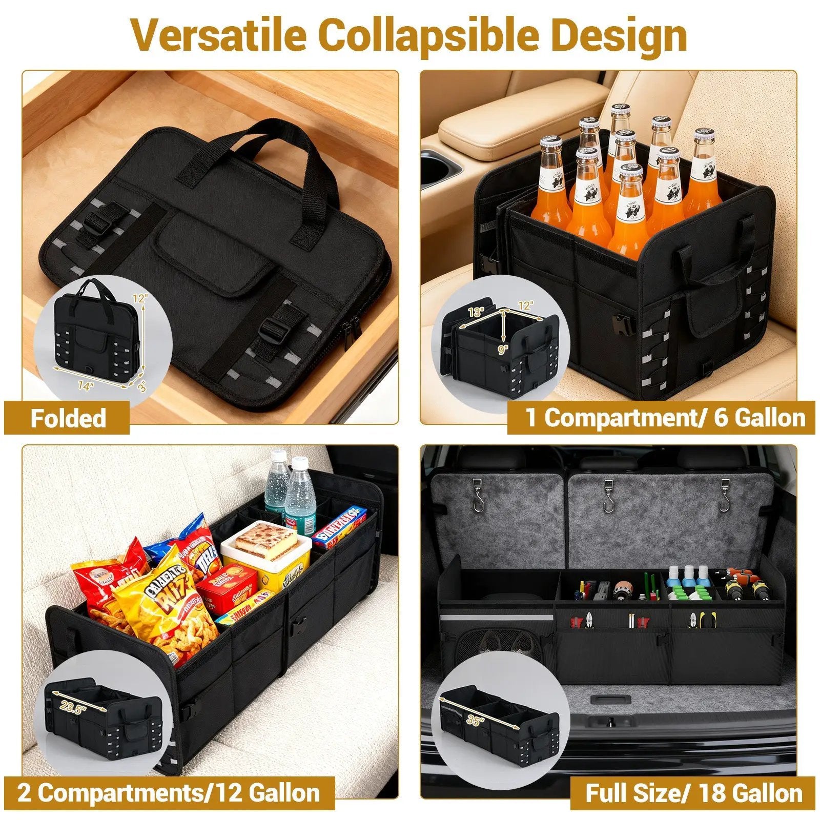18 Gal Car Trunk Organizer with Lid 3-Compartment Portable Storage Box-Black by DirectDeals