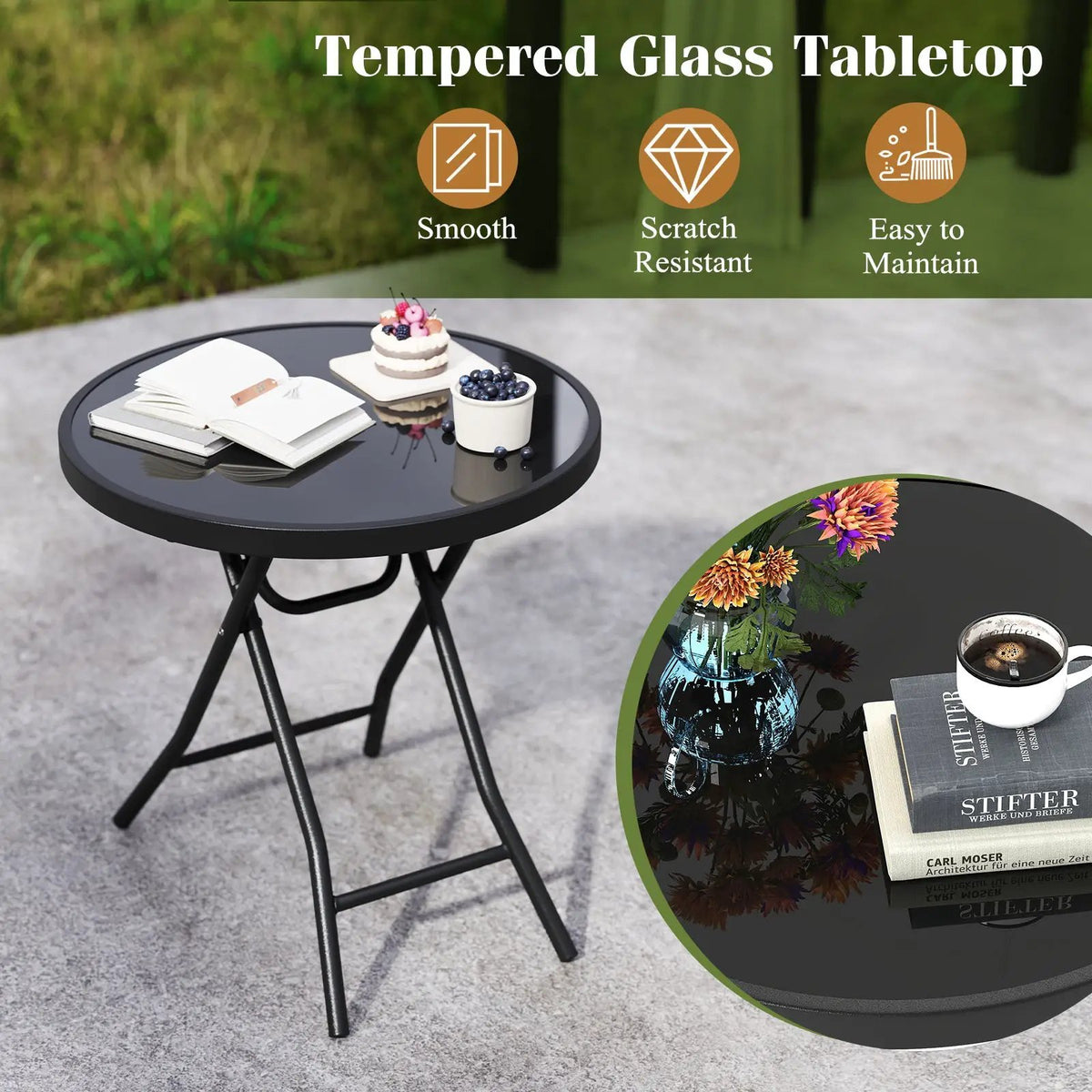 18 Inch Folding Side Table Patio Round Compact Coffee Table by DirectDeals