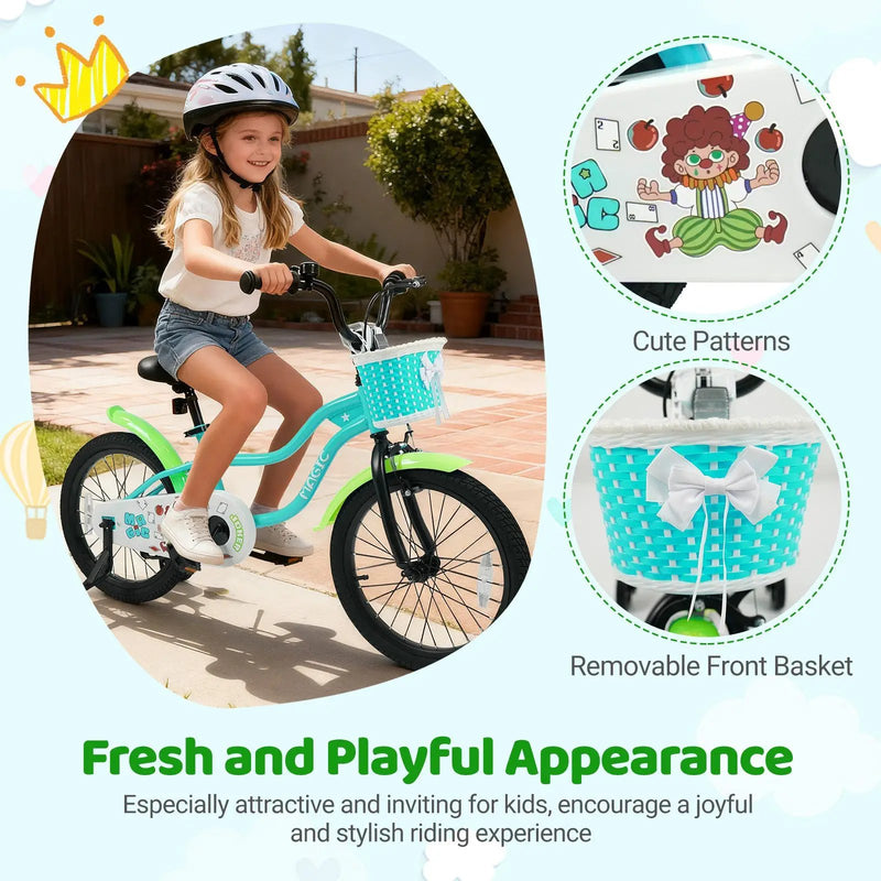 12/14/16 Inch Kids Bike with Training Wheels and Basket Green Color by DirectDeals