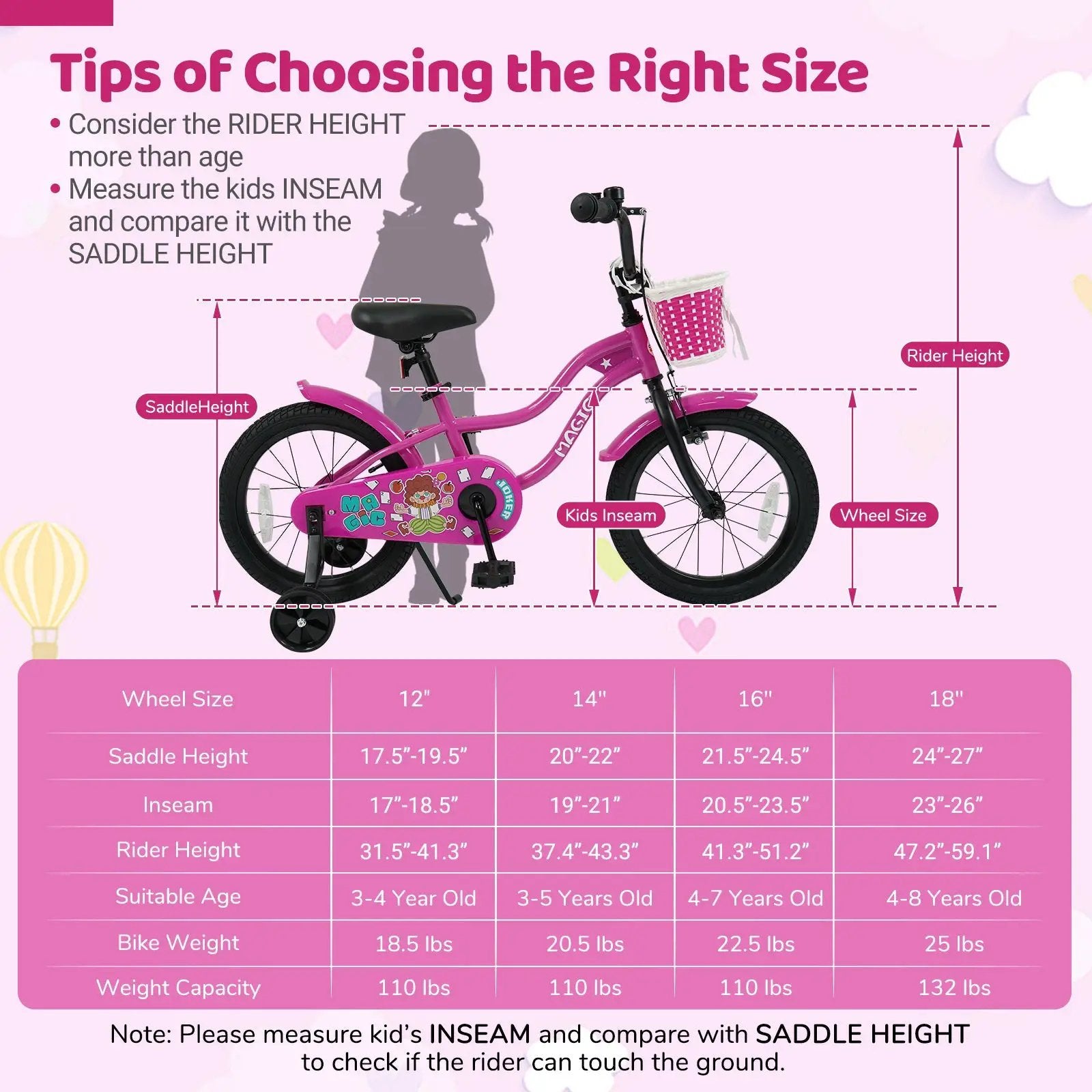 Kids Bike with Training Wheels 12-18 Inch - Magic Rose by DirectDeals