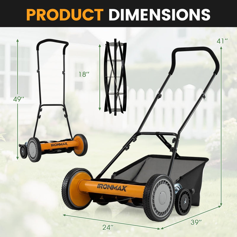 18 Inch Push Reel Lawn Mower 4-Position Adjustable with Removable Grass Catcher by DirectDeals