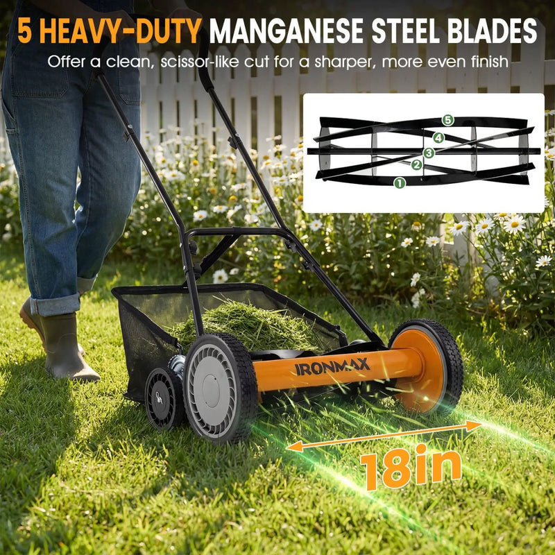 18 Inch Push Reel Lawn Mower 4-Position Adjustable with Removable Grass Catcher by DirectDeals