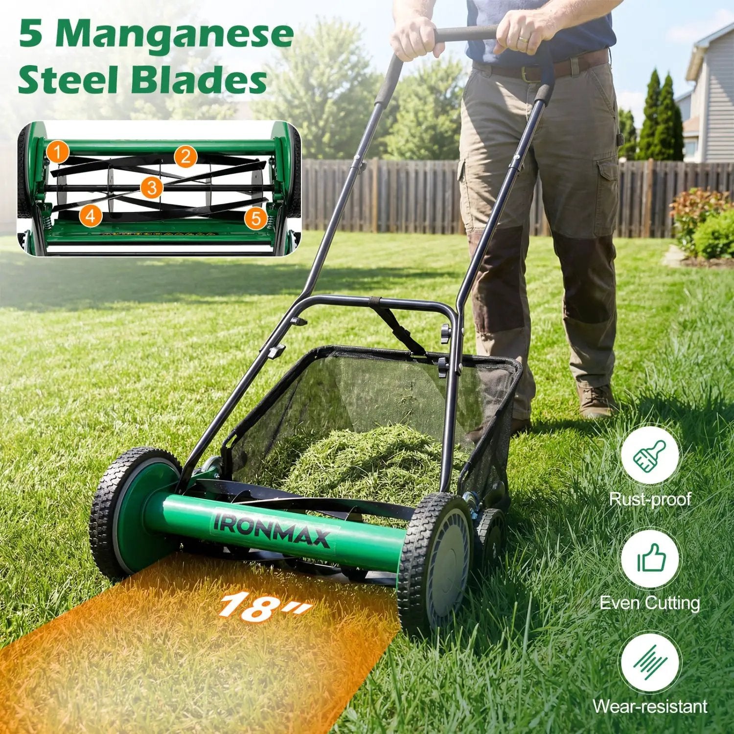 18 Inch Push Reel Lawn Mower 4-Position Adjustable with Removable Grass Catcher by DirectDeals