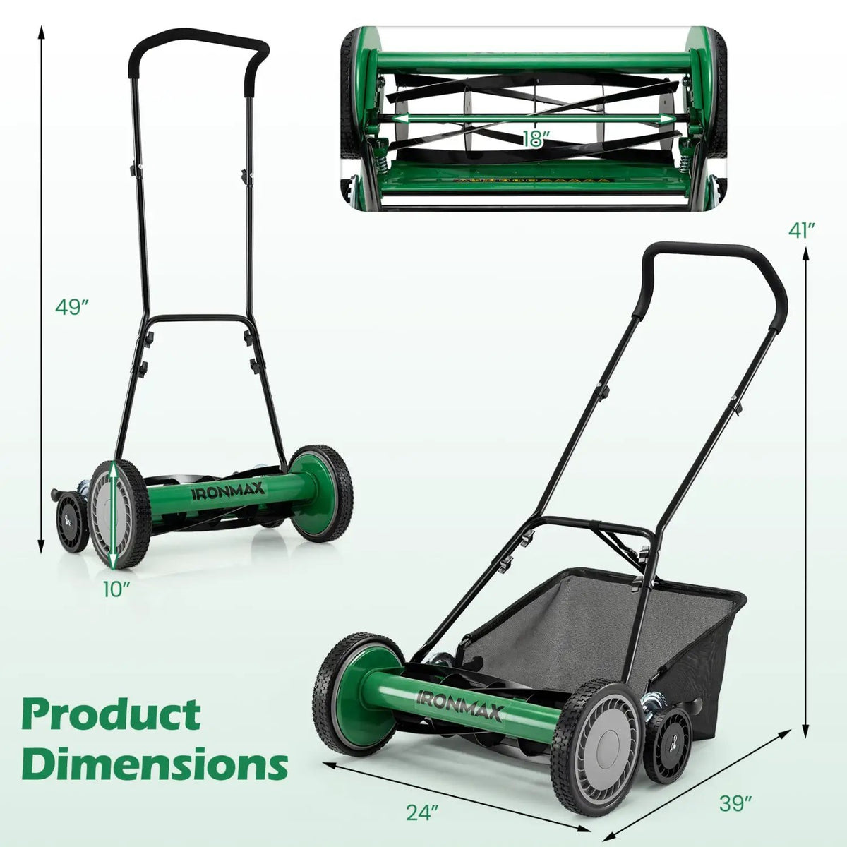 18 Inch Push Reel Lawn Mower 4-Position Adjustable with Removable Grass Catcher by DirectDeals