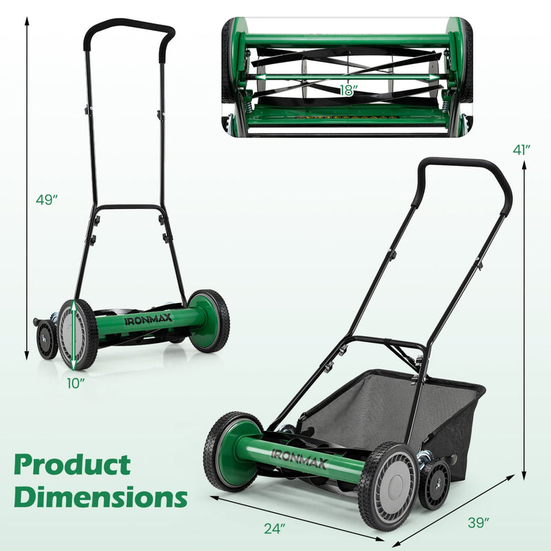 18 Inch Push Reel Lawn Mower 4-Position Adjustable with Removable Grass Catcher by DirectDeals
