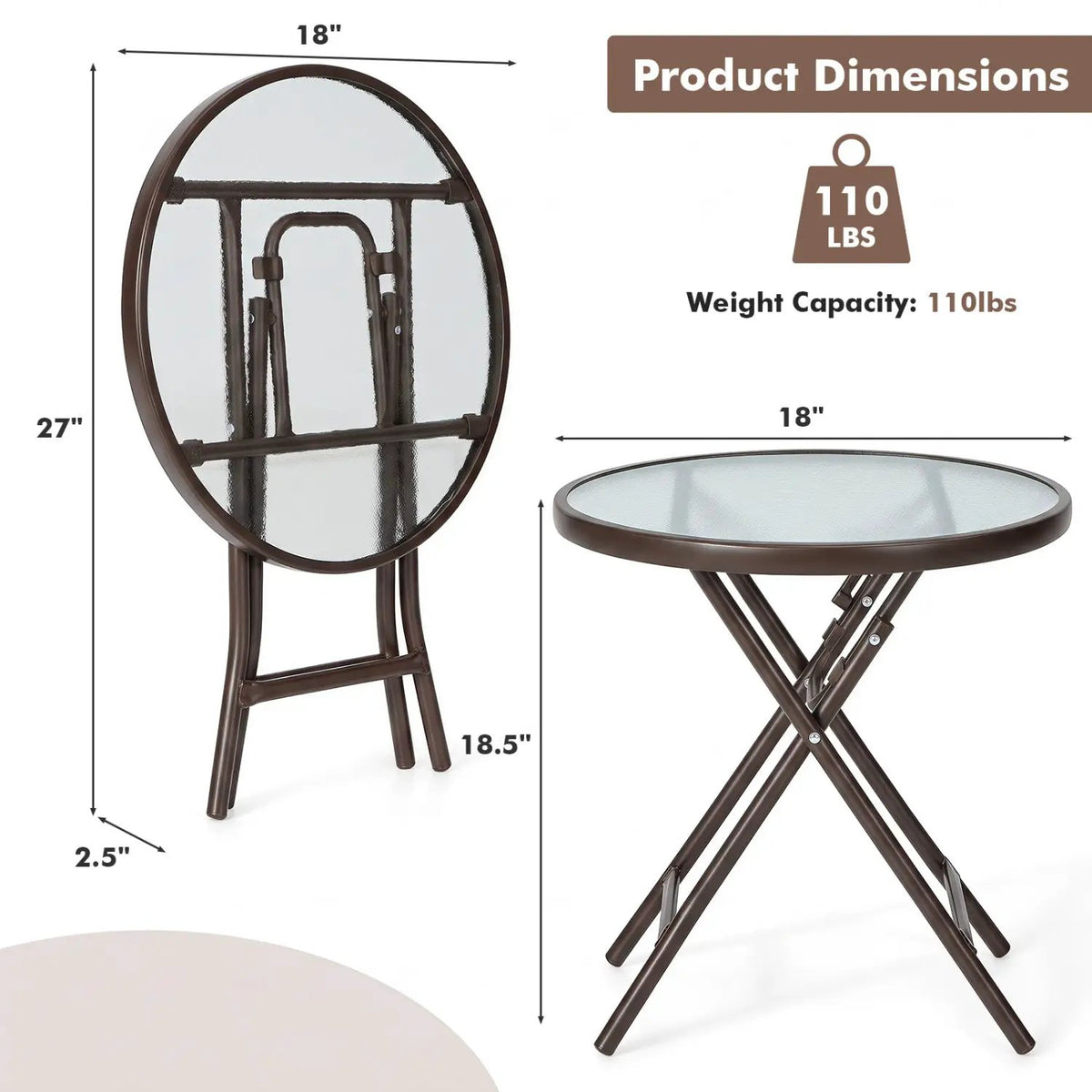 18" Round Folding Patio Side Table with Tempered Glass Top by DirectDeals