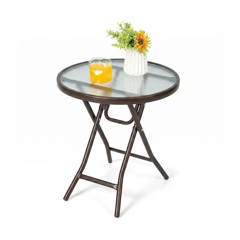 18" Round Folding Patio Side Table with Tempered Glass Top by DirectDeals